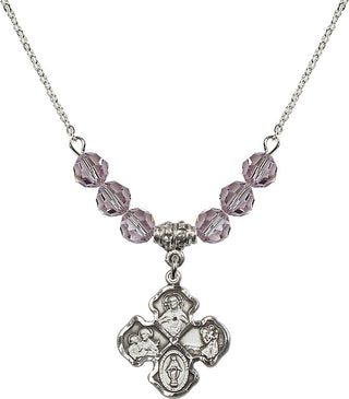 18" Rhodium Plated Necklace with 4mm Light Amethyst Crystal Beads featuring a Sterling Silver 4-Way Medal.