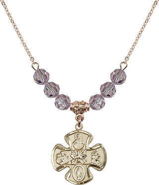 18" Hamilton Gold Plated Necklace with 4mm Light Amethyst Crystal Beads featuring a 14kt Gold Filled 5-Way Medal.