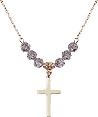 18" Hamilton Gold Plated Necklace with 4mm Light Amethyst Crystal Beads featuring a 14kt Gold Filled Cross Medal.