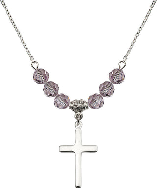 18" Rhodium Plated Necklace with 4mm Light Amethyst Crystal Beads featuring a Sterling Silver Cross Medal.
