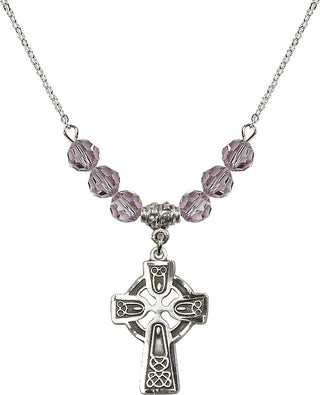 18" Rhodium Plated Necklace with 4mm Light Amethyst Crystal Beads featuring a Sterling Silver Celtic Cross Medal.