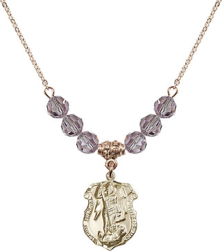 18" Hamilton Gold Plated Necklace with 4mm Light Amethyst Crystal Beads featuring a 14kt Gold Filled Saint Michael the Archangel Medal. Engraved Catholic Saint Jewelry