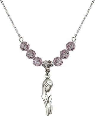 18" Rhodium Plated Necklace with 4mm Light Amethyst Crystal Beads featuring a Sterling Silver Madonna Medal.
