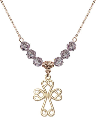 18" Hamilton Gold Plated Necklace with 4mm Light Amethyst Crystal Beads featuring a 14kt Gold Filled Scroll Cross Medal.