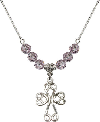 18" Rhodium Plated Necklace with 4mm Light Amethyst Crystal Beads featuring a Sterling Silver Scroll Cross Medal.