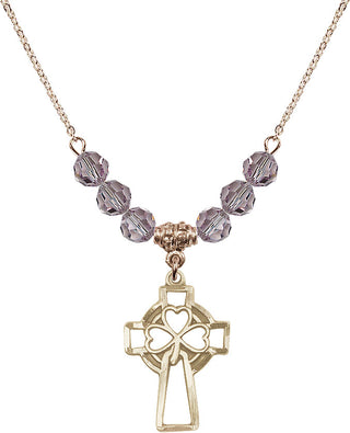 18" Hamilton Gold Plated Necklace with 4mm Light Amethyst Crystal Beads featuring a 14kt Gold Filled Shamrock Cross Medal.