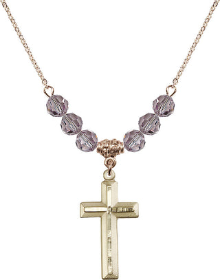 18" Hamilton Gold Plated Necklace with 4mm Light Amethyst Crystal Beads featuring a 14kt Gold Filled Cross Medal. Engraved Catholic Saint Jewelry