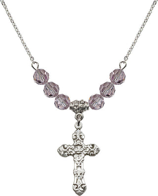 18" Rhodium Plated Necklace with 4mm Light Amethyst Crystal Beads featuring a Sterling Silver Cross Medal. Engraved Catholic Saint Jewelry