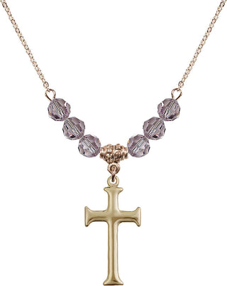 18" Hamilton Gold Plated Necklace with 4mm Light Amethyst Crystal Beads featuring a 14kt Gold Filled Cross Medal. Engraved Catholic Saint Jewelry