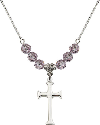 18" Rhodium Plated Necklace with 4mm Light Amethyst Crystal Beads featuring a Sterling Silver Cross Medal. Engraved Catholic Saint Jewelry