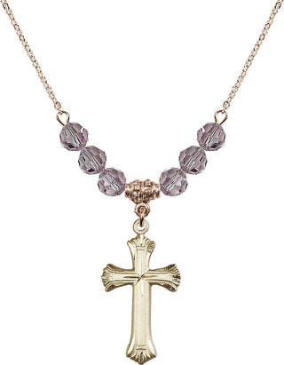 18" Hamilton Gold Plated Necklace with 4mm Light Amethyst Crystal Beads featuring a 14kt Gold Filled Cross Medal. Engraved Catholic Saint Jewelry