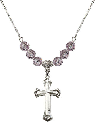 18" Rhodium Plated Necklace with 4mm Light Amethyst Crystal Beads featuring a Sterling Silver Cross Medal. Engraved Catholic Saint Jewelry