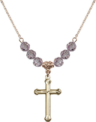 18" Hamilton Gold Plated Necklace with 4mm Light Amethyst Crystal Beads featuring a 14kt Gold Filled Cross Medal. Engraved Catholic Saint Jewelry