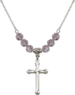 18" Rhodium Plated Necklace with 4mm Light Amethyst Crystal Beads featuring a Sterling Silver Cross Medal. Engraved Catholic Saint Jewelry