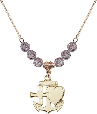 18" Hamilton Gold Plated Necklace with 4mm Light Amethyst Crystal Beads featuring a 14kt Gold Filled Faith, Hope & Charity Medal.