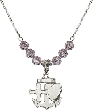 18" Rhodium Plated Necklace with 4mm Light Amethyst Crystal Beads featuring a Sterling Silver Faith, Hope & Charity Medal.