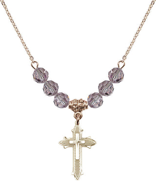 18" Hamilton Gold Plated Necklace with 4mm Light Amethyst Crystal Beads featuring a 14kt Gold Filled Cross on Cross Medal. Engraved Catholic Saint Jewelry
