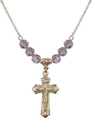 18" Hamilton Gold Plated Necklace with 4mm Light Amethyst Crystal Beads featuring a 14kt Gold Filled Crucifix Medal.