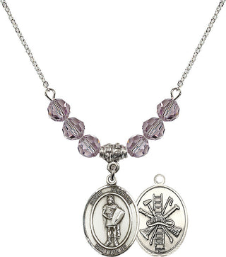 18" Rhodium Plated Necklace with 4mm Light Amethyst Crystal Beads featuring a Sterling Silver Saint Florian/Firefighter Medal.