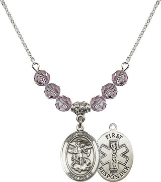 18" Rhodium Plated Necklace with 4mm Light Amethyst Crystal Beads featuring a Sterling Silver Saint Michael/1St Responder Medal.
