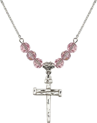 18" Rhodium Plated Necklace with 4mm Light Rose Crystal Beads featuring a Sterling Silver Nail Cross Medal.