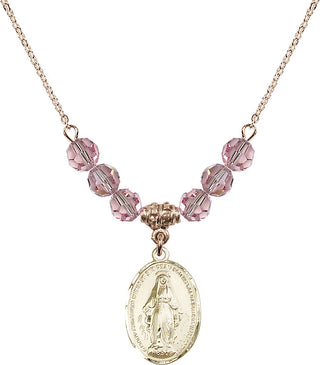 18" Hamilton Gold Plated Necklace with 4mm Light Rose Crystal Beads featuring a 14kt Gold Filled Miraculous Medal.