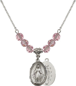 18" Rhodium Plated Necklace with 4mm Light Rose Crystal Beads featuring a Sterling Silver Miraculous Medal.