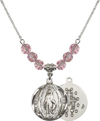 18" Rhodium Plated Necklace with 4mm Light Rose Crystal Beads featuring a Sterling Silver Miraculous Medal.