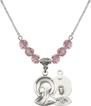 18" Rhodium Plated Necklace with 4mm Light Rose Crystal Beads featuring a Sterling Silver Madonna Medal.