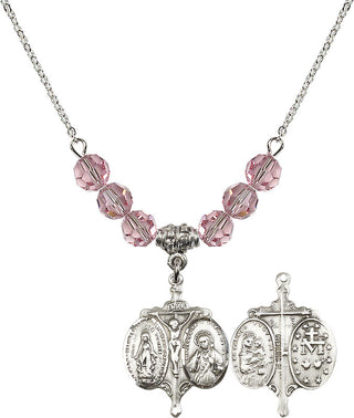 18" Rhodium Plated Necklace with 4mm Light Rose Crystal Beads featuring a Sterling Silver Novena Medal.