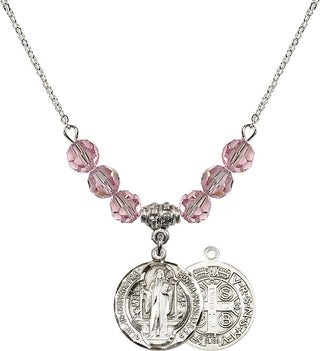 18" Rhodium Plated Necklace with 4mm Light Rose Crystal Beads featuring a Sterling Silver Saint Benedict Medal.