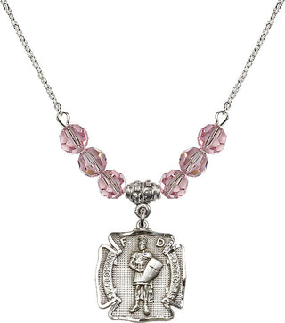18" Rhodium Plated Necklace with 4mm Light Rose Crystal Beads featuring a Sterling Silver Saint Florian Medal. Engraved Catholic Saint Jewelry