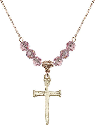 18" Hamilton Gold Plated Necklace with 4mm Light Rose Crystal Beads featuring a 14kt Gold Filled Nail Cross Medal.
