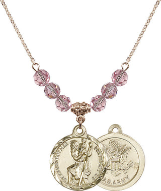 18" Hamilton Gold Plated Necklace with 4mm Light Rose Crystal Beads featuring a 14kt Gold Filled Saint Christopher / Army Medal.