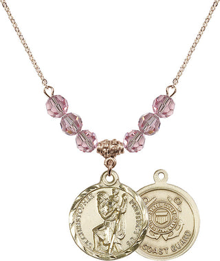 18" Hamilton Gold Plated Necklace with 4mm Light Rose Crystal Beads featuring a 14kt Gold Filled Saint Christopher / Coast Guard Medal.