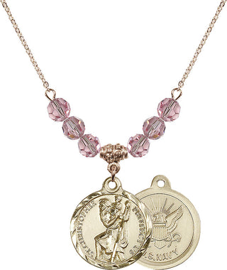 18" Hamilton Gold Plated Necklace with 4mm Light Rose Crystal Beads featuring a 14kt Gold Filled Saint Christopher / Navy Medal.