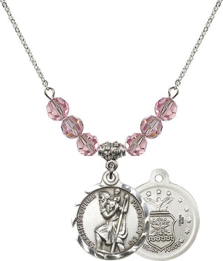18" Rhodium Plated Necklace with 4mm Light Rose Crystal Beads featuring a Sterling Silver Saint Christopher / Air Force Medal.