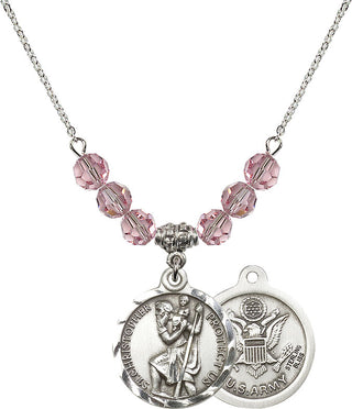 18" Rhodium Plated Necklace with 4mm Light Rose Crystal Beads featuring a Sterling Silver Saint Christopher / Army Medal.