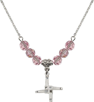 18" Rhodium Plated Necklace with 4mm Light Rose Crystal Beads featuring a Sterling Silver Saint Brigid Cross Medal.