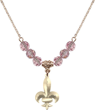 18" Hamilton Gold Plated Necklace with 4mm Light Rose Crystal Beads featuring a 14kt Gold Filled Fleur de Lis Medal.