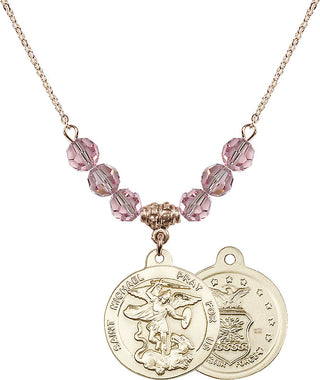 18" Hamilton Gold Plated Necklace with 4mm Light Rose Crystal Beads featuring a 14kt Gold Filled Saint Michael / Air Force Medal.