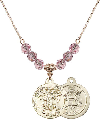 18" Hamilton Gold Plated Necklace with 4mm Light Rose Crystal Beads featuring a 14kt Gold Filled Saint Michael / Army Medal.