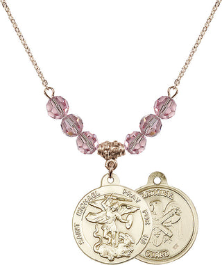 18" Hamilton Gold Plated Necklace with 4mm Light Rose Crystal Beads featuring a 14kt Gold Filled Saint Michael / Nat'l Guard Medal.