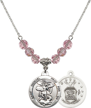 18" Rhodium Plated Necklace with 4mm Light Rose Crystal Beads featuring a Sterling Silver Saint Michael / Air Force Medal.