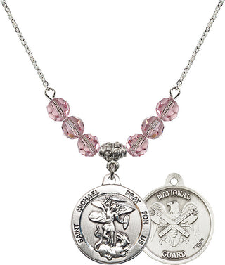 18" Rhodium Plated Necklace with 4mm Light Rose Crystal Beads featuring a Sterling Silver Saint Michael / Nat'l Guard Medal.