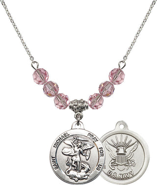 18" Rhodium Plated Necklace with 4mm Light Rose Crystal Beads featuring a Sterling Silver Saint Michael / Navy Medal.