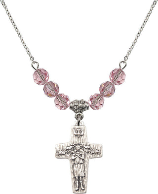 18" Rhodium Plated Necklace with 4mm Light Rose Crystal Beads featuring a Sterling Silver Papal Crucifix Medal.