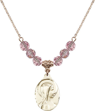 18" Hamilton Gold Plated Necklace with 4mm Light Rose Crystal Beads featuring a 14kt Gold Filled Sorrowful Mother Medal.