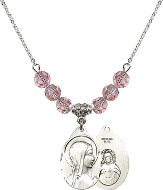 18" Rhodium Plated Necklace with 4mm Light Rose Crystal Beads featuring a Sterling Silver Sorrowful Mother Medal.