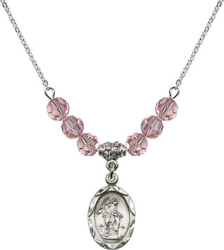 18" Rhodium Plated Necklace with 4mm Light Rose Crystal Beads featuring a Sterling Silver Guardian Angel Medal. Engraved Catholic Saint Jewelry